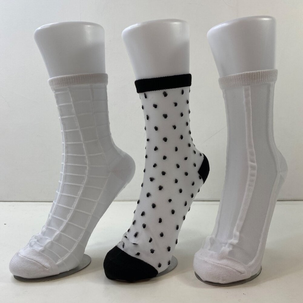 Womens Crew Socks Set 3 Sheer Stripes Checkered Polka Dots White Black